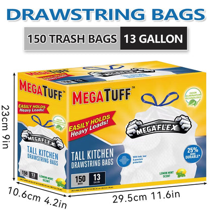 Drawstring Trash Bags 13 Gallon, 150 Count (3 Rolls) Tall Kitchen Garbage Bags with Odor Eliminator Technology, Lemon Mint Scent