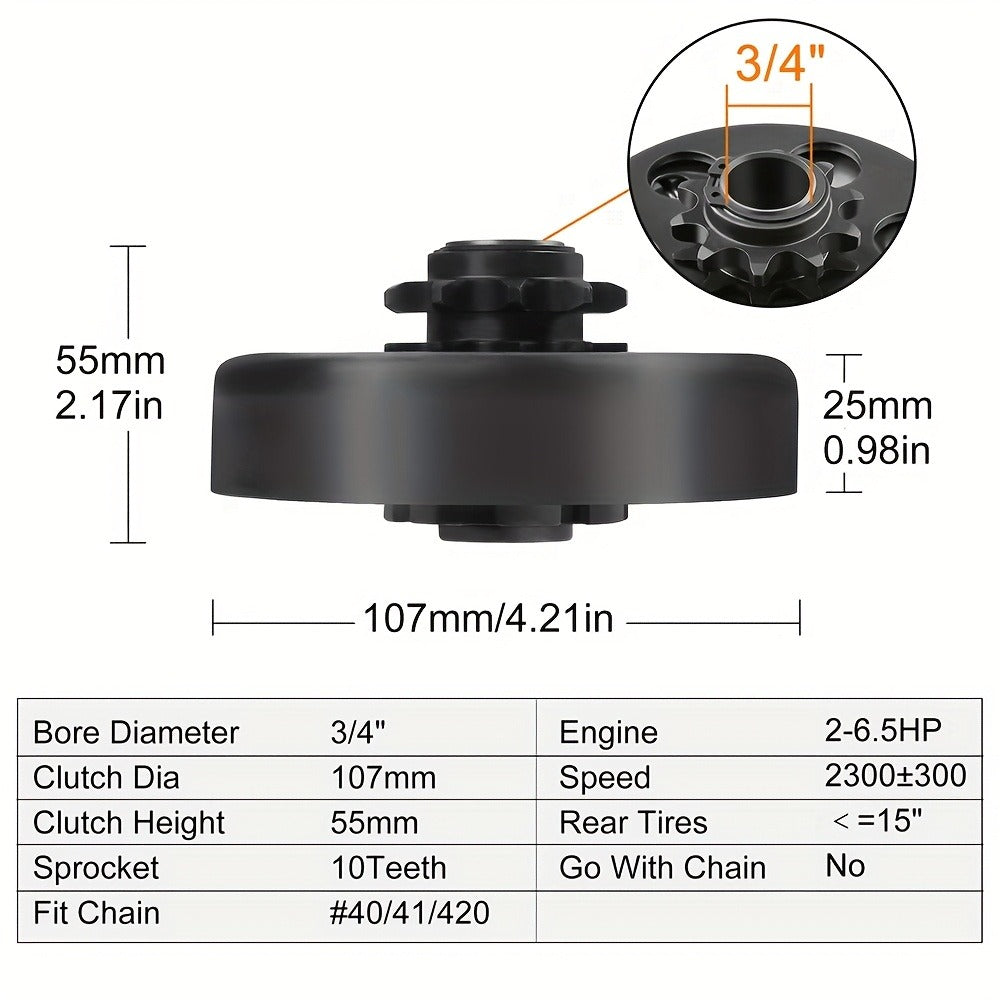 Centrifugal Clutch 3/4" Bore 10 Tooth for #40 41 420 Chain – Fits Predator 212cc, Honda GX160 GX200, Go Kart Minibike Baja MB165 MB200