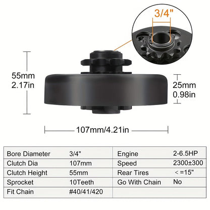 Centrifugal Clutch 3/4" Bore 10 Tooth for #40 41 420 Chain – Fits Predator 212cc, Honda GX160 GX200, Go Kart Minibike Baja MB165 MB200