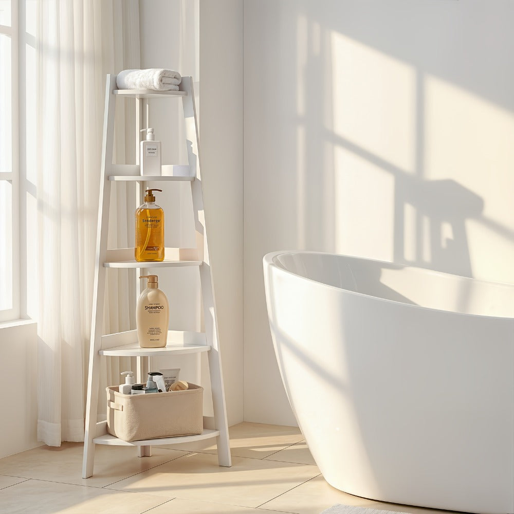 White Five-Tier Ladder-Style Freestanding Corner Shelf, Approximately 110 cm High and 34 cm Wide