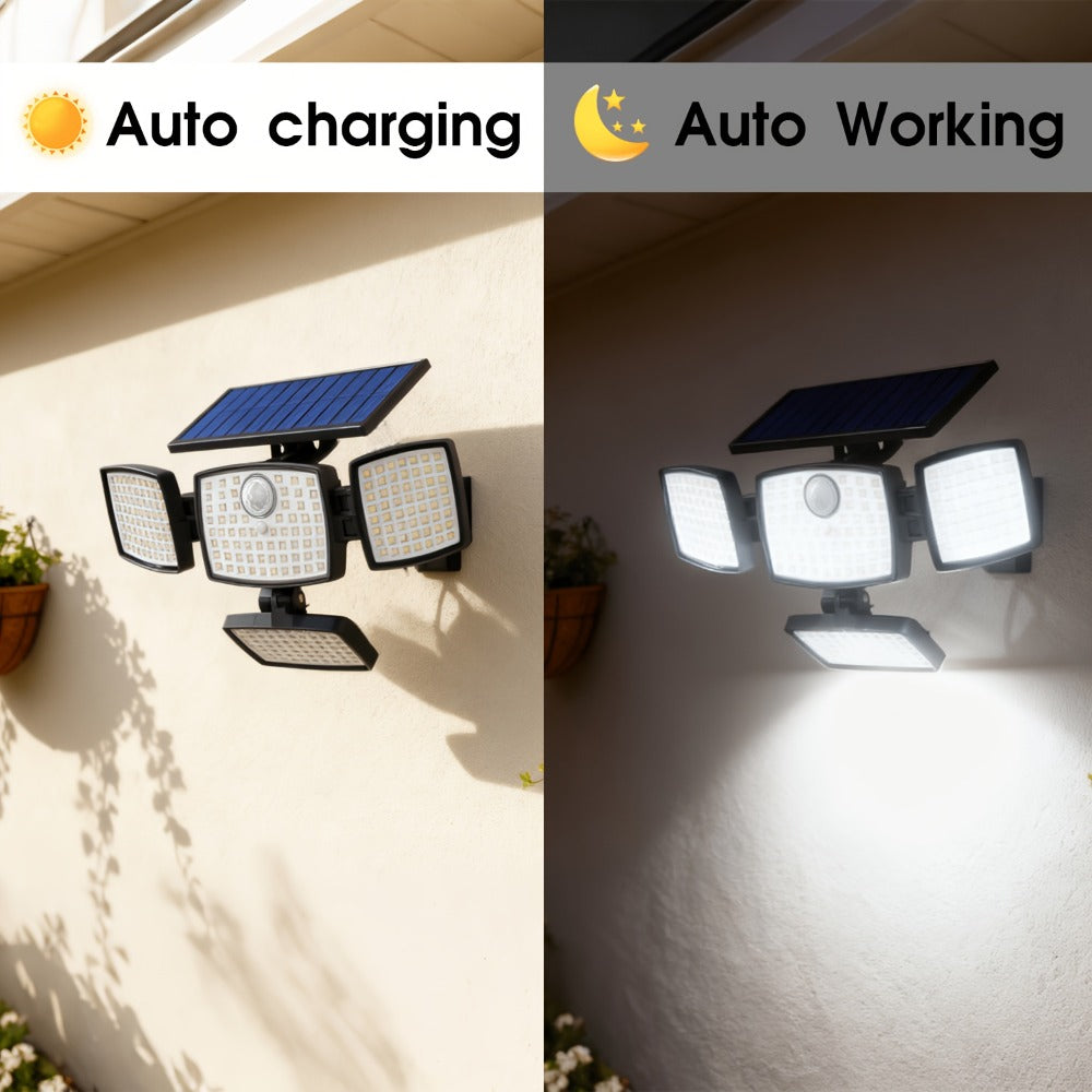 Solar Outdoor Motion Sensor Light 4-Head 3000LM, 270° Wide Angle, 3 Modes, Remote Control for Garden, Pathway and Patio Lighting