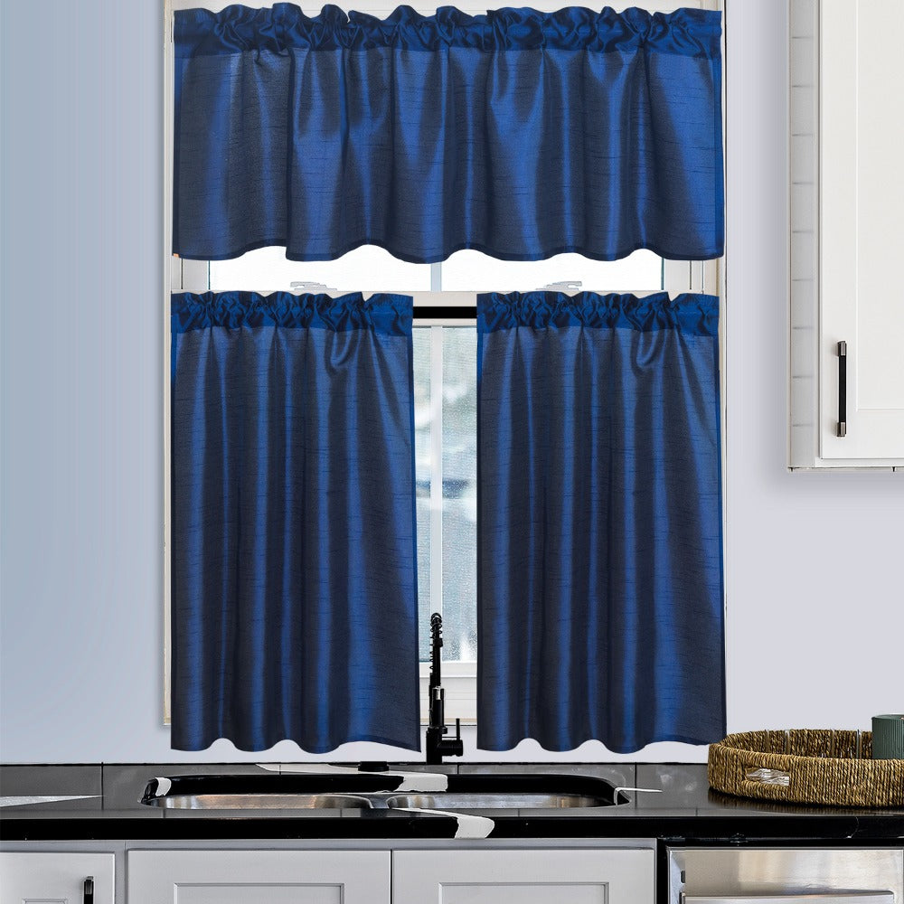 Three-Piece Faux Silk Window Curtain Set with Rod-Pocket Valance, Two 26 x 36-Inch Tiers and Eleven Colors