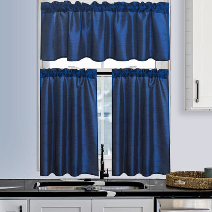 Three-Piece Faux Silk Window Curtain Set with Rod-Pocket Valance, Two 26 x 36-Inch Tiers and Eleven Colors
