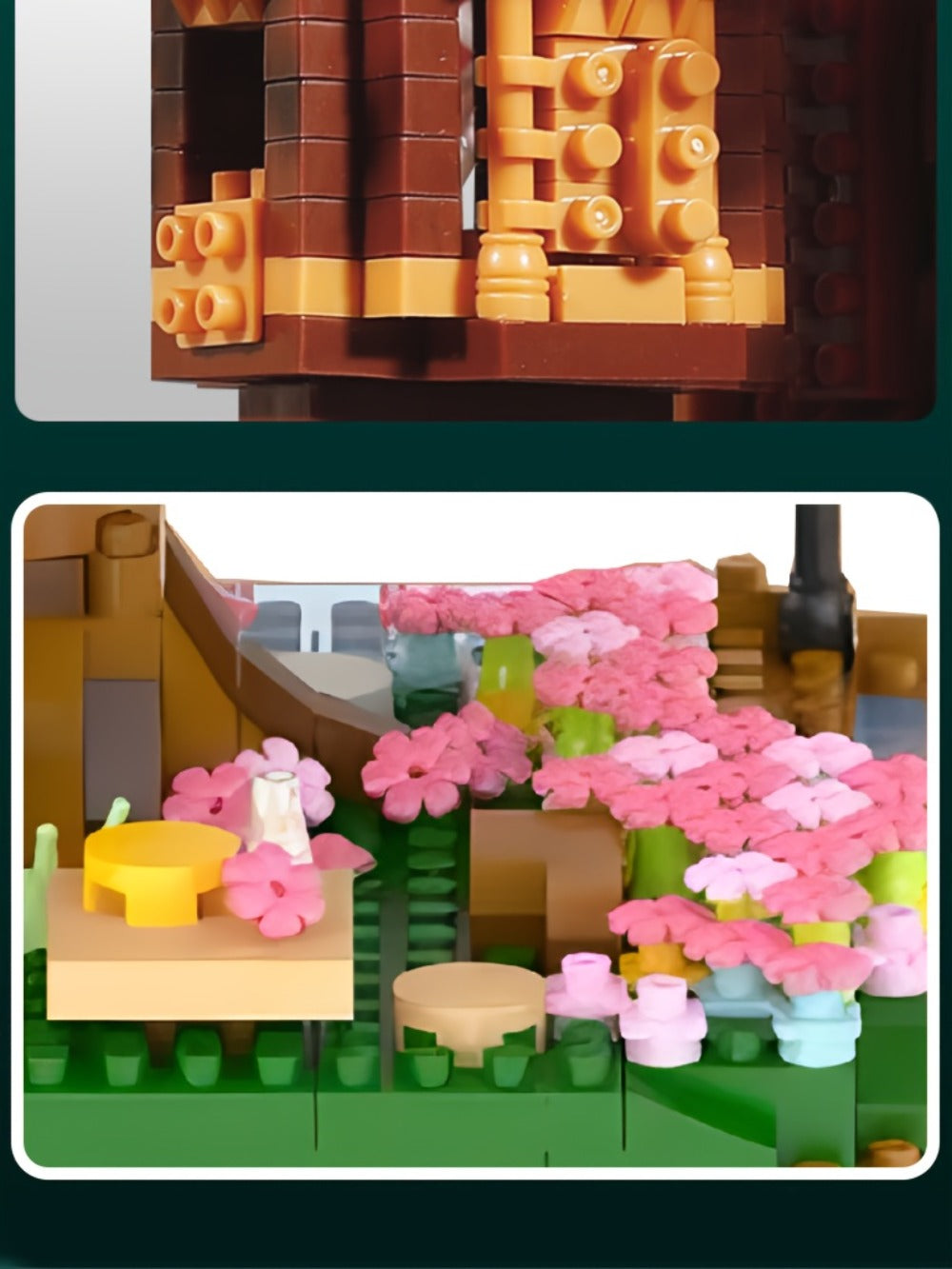 Building Block Set Cherry Blossom Tree House, 1020 or 2028 Micro Pieces with Pink Canopy and Base Display