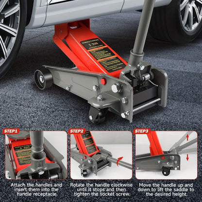3 Ton Floor Jack with Wheels Rapid Pump Low Profile Car Jack 5.31"-18.11" Lift Range 460mm Max Height