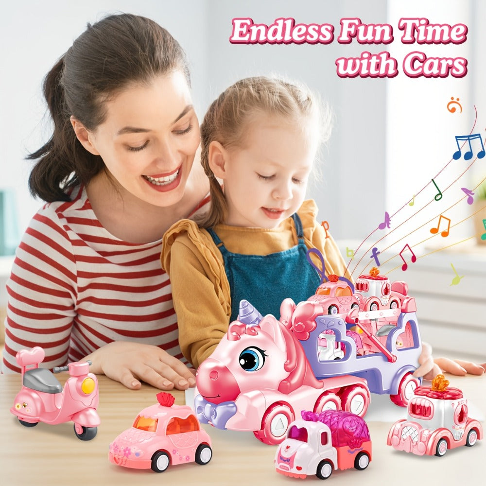 Pink Carrier Truck Toy with 4 Mini Cars, Music & Lights, Battery Powered Pull-Back Transport Vehicle for Girls Boys Ages 3+