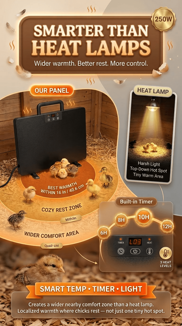 Brooder Heater 250W Heating Panel for Chicks, Ducklings & Quail, 3 Heat Levels, 4-Timer Settings