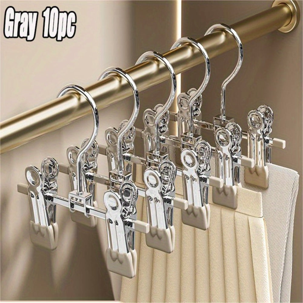 Metal Clamp Clothes Hangers, 10-Piece Set in White, Gray or Black with Twin Clips for Pants, Skirts or Boots