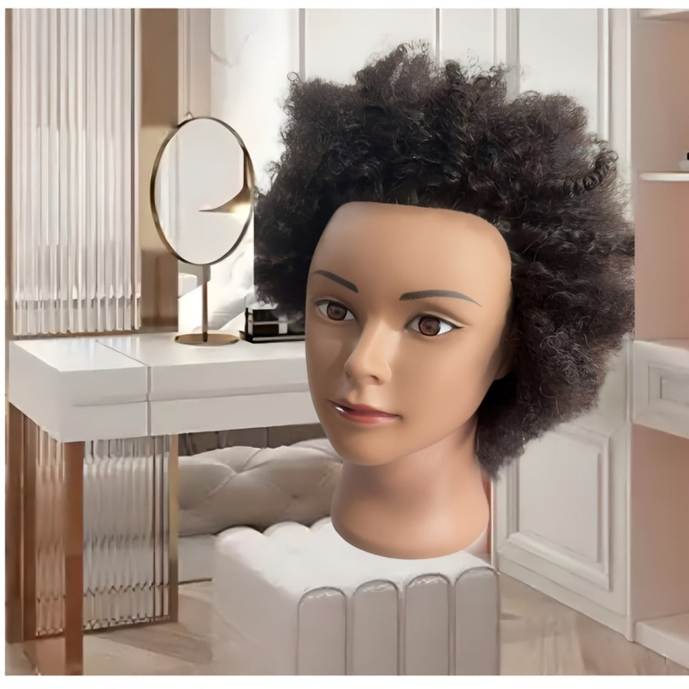 Mannequin Head Human Hair Afro Curly with Clamp Cosmetology Practice Training Head for Hairdresser Braiding Styling Cutting 4 Styles Natural