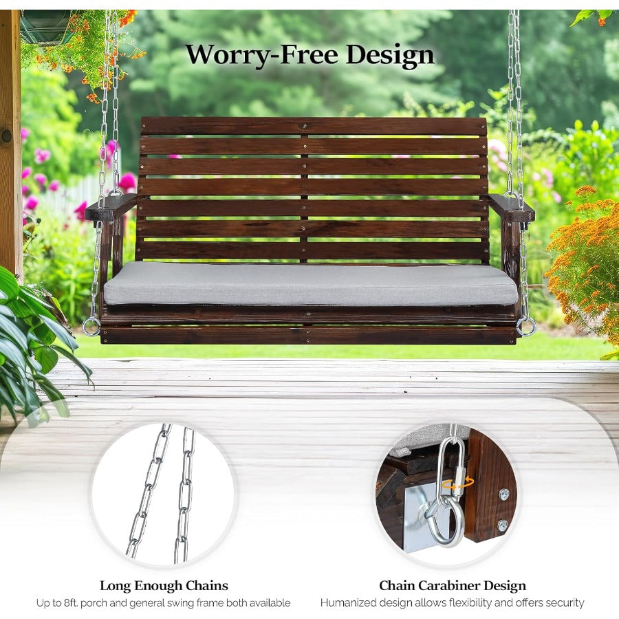 Porch Swing 4 FT Wooden, Outdoor Patio Swing with Adjustable Chains, Rustic Farmhouse Style for Yard