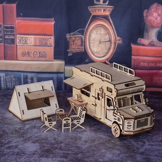 Wooden RV 3D Puzzle Model Kit with Motorhome Body, Fold-Out Side Panels and Miniature Camping Furniture
