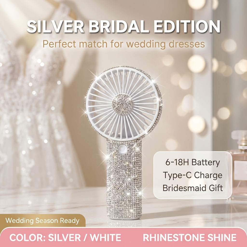 Elegant Silvery Rhinestone Mini Handheld Fan with Type-C Charging, Round Grille and Decorated Handle