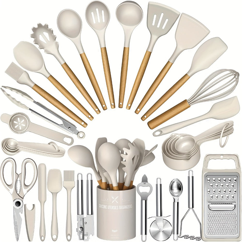 Silicone Kitchen Utensils Set 34-Piece with Holder, Heat Resistant Cooking Spatula Tools for Nonstick Cookware