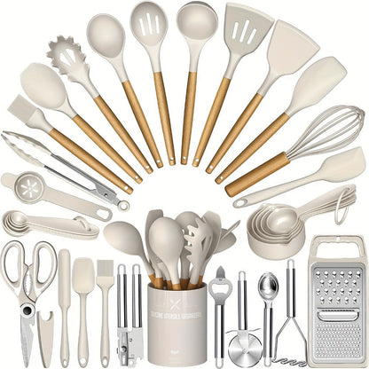 Silicone Kitchen Utensils Set 34-Piece with Holder, Heat Resistant Cooking Spatula Tools for Nonstick Cookware
