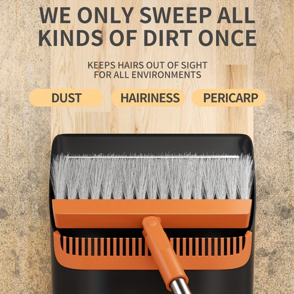 Folding Broom and Dustpan Set with Sectioned Handle, Rotating Head and Nine Blue, Orange or Khaki Checkout Options
