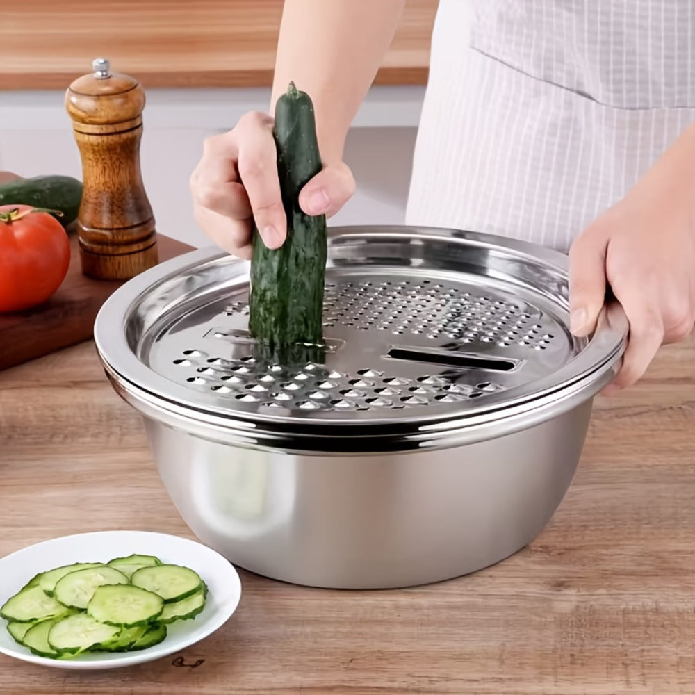 Stainless Steel Kitchen Tool Set 3pcs, Built-In Grinder, Colander Filter & Mixing Bowl for Washing