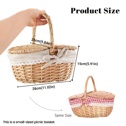 Covered Wicker Picnic Hamper with Twin Lid Panels in Red Plaid or Daisy Pattern Textile Styles