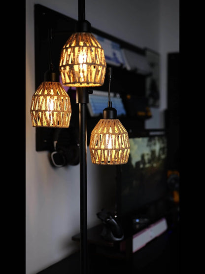Boho Rattan Floor Lamp Dimmable, 3-Light Stepless Dimming Standing Lamp with Natural Rattan Shade & Metal Base for Living Room