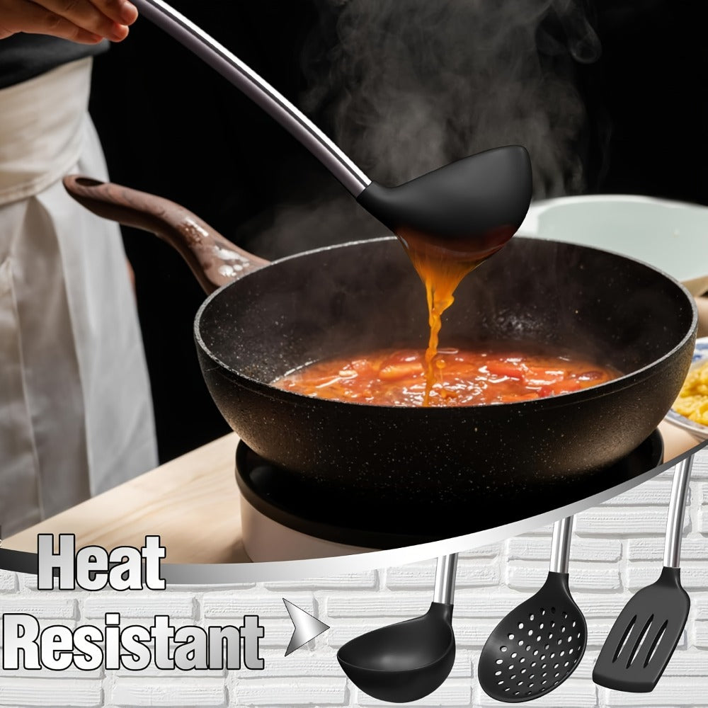 Kitchen Utensils 34-Piece Silicone and Stainless Steel Handle Set with Holder in Four Colors
