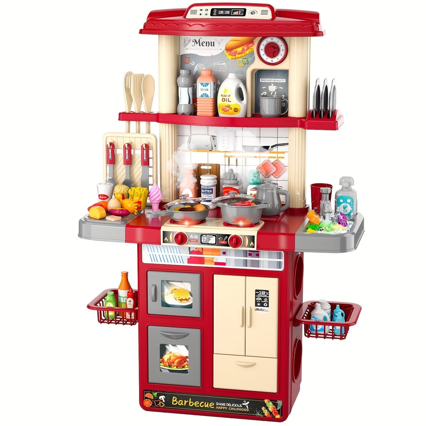 Play Kitchen Set with Lights Sounds & Spray, Toy Kitchen Playset with Oven Sink Fridge & Play Food for Kids Ages 3 4 5 6 7 8