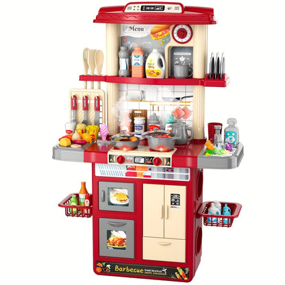 Play Kitchen Set with Lights Sounds & Spray, Toy Kitchen Playset with Oven Sink Fridge & Play Food for Kids Ages 3 4 5 6 7 8