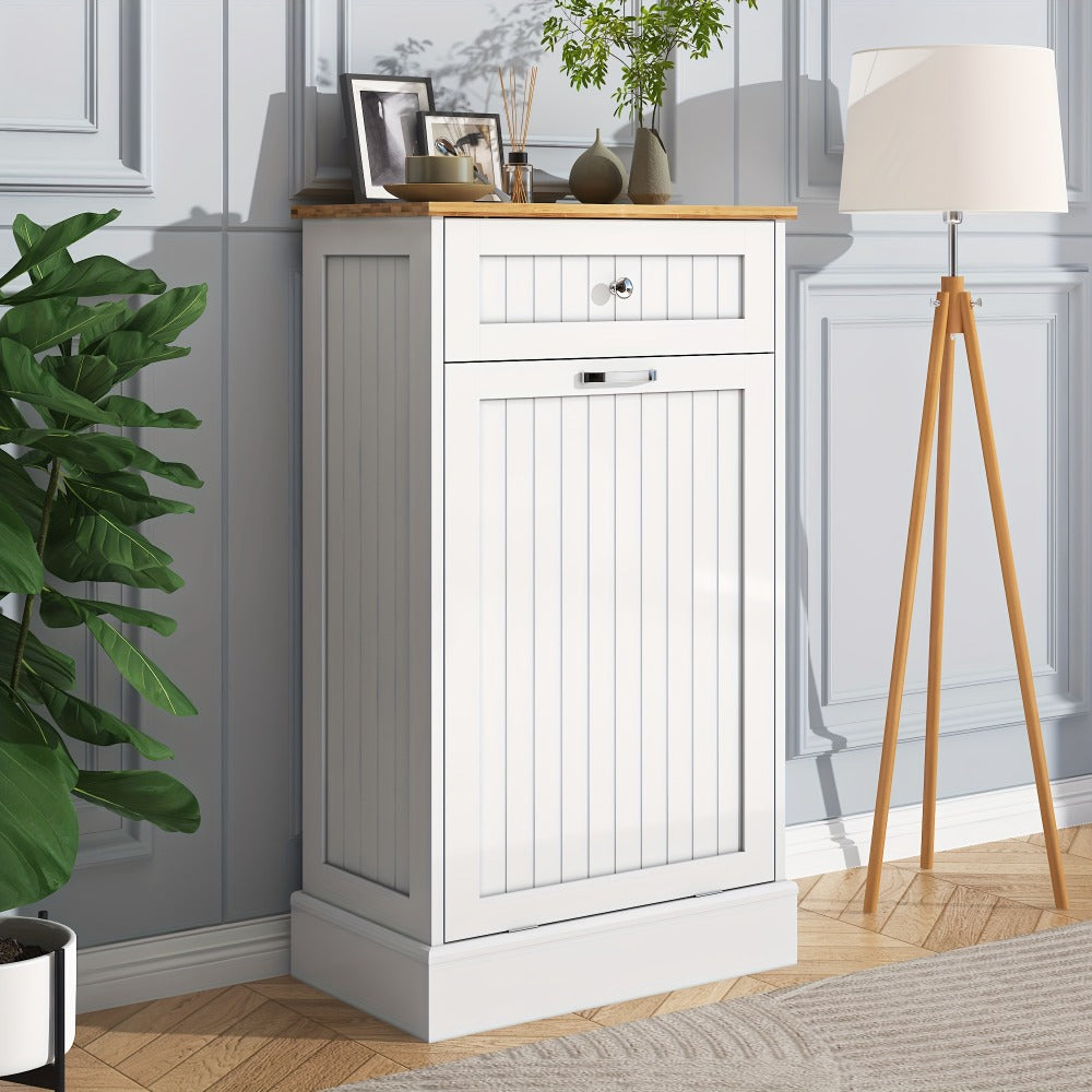 Tilt Out Trash Cabinet Freestanding Kitchen Garbage Cabinet with Cutting Board & Drawer, Wood Hideaway Recycling Station