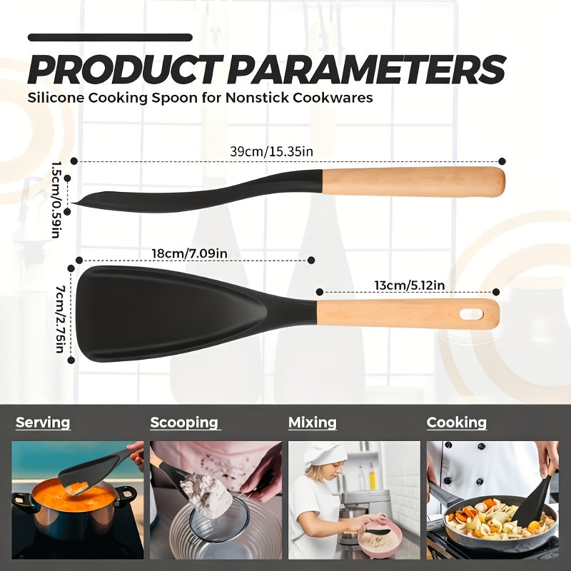 Silicone Kitchen Utensil Set 2/4 Pcs, 12-Inch Wood Handle Cooking Tools with Stay-Cool Grip for Frying