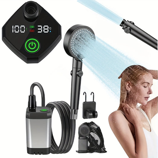 Camping Shower Portable with Smart Digital Temperature Display, 6000mAh USB Rechargeable Battery, 6 Spray Modes for Outdoor Hiking Pet