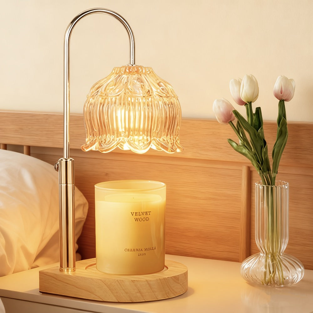 Lily-Glass Candle Warmer Lamp with Silver-Tone Post, Wood-Look Base, Three Brightness Levels and 2/4/8-Hour Timer
