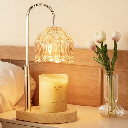 Lily-Glass Candle Warmer Lamp with Silver-Tone Post, Wood-Look Base, Three Brightness Levels and 2/4/8-Hour Timer