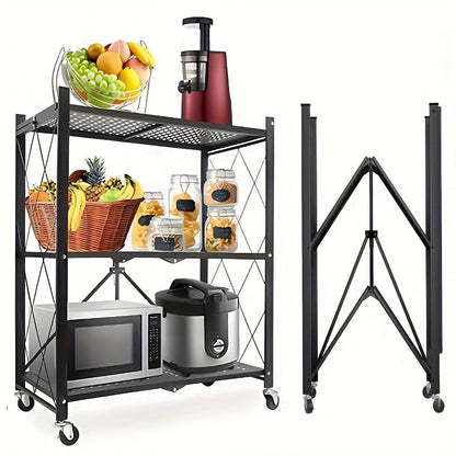 Rolling Foldable Metal Storage Shelf with Three-, Four- or Five-Tier Options in Black or White