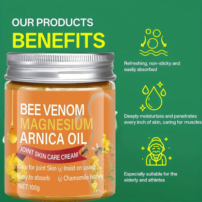 Body Cream 100g Amber Jar with Bee Venom Magnesium and Arnica Oil Package Callouts for External Massage Use