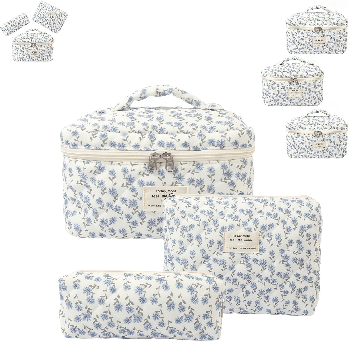 Quilted Makeup Bag Set 3 Pcs Floral Pattern Large Capacity Travel Cosmetic Organizer with Gold Zipper – Polyester Skincare Toiletry Pouch