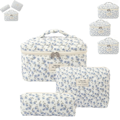 Quilted Makeup Bag Set 3 Pcs Floral Pattern Large Capacity Travel Cosmetic Organizer with Gold Zipper – Polyester Skincare Toiletry Pouch
