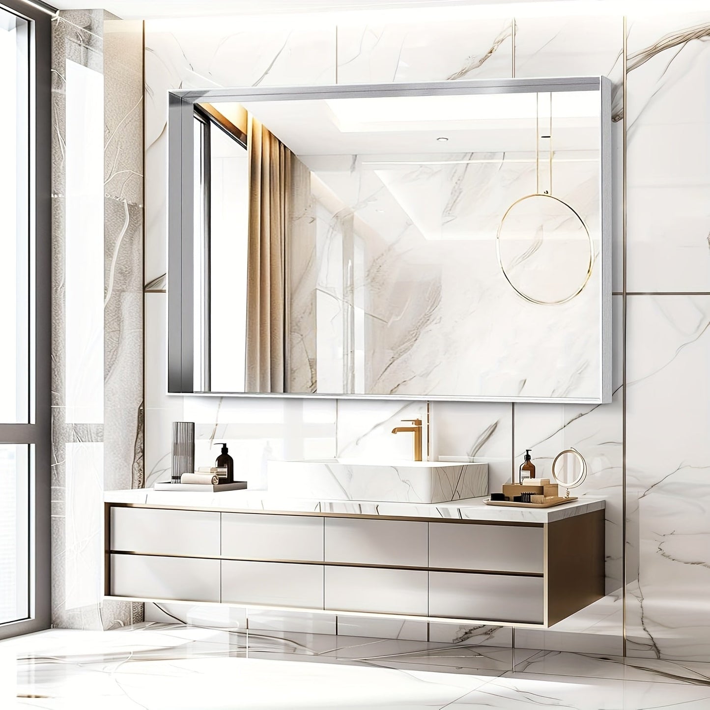 Rectangular Metal-Frame Bathroom Mirror in Black, Gold or Silver with Six Sizes and Dual Orientation