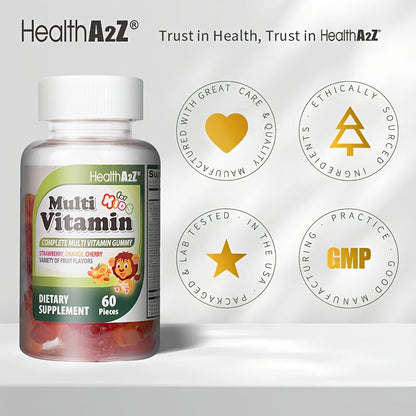 Kids Multivitamin Gummies 60ct with D3, Vitamins A, C, E, B6, B12, Folic Acid, Zinc & Choline for Brain