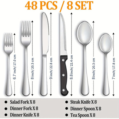Serrated Steak Knife Dining Set with Six-Piece Place Settings, 24 or 48 Utensils in Silver or Black