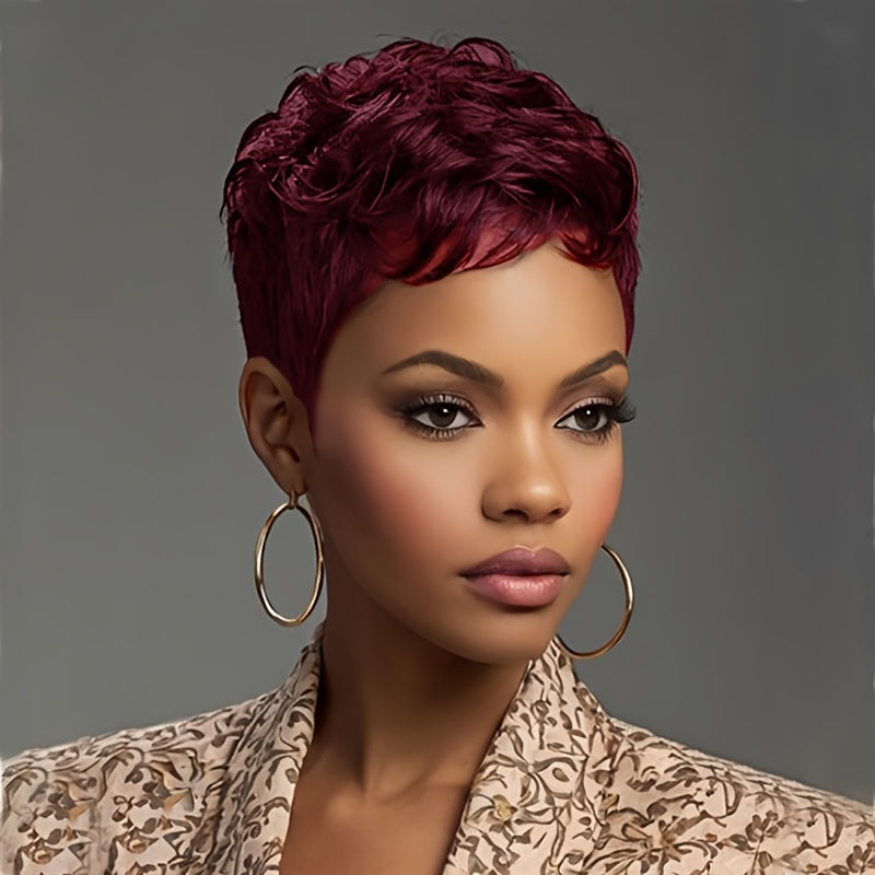 Layered Pixie Wig with Bangs Body Wave Rose Net Cap 4 Inch Synthetic Multi Color Black Burgundy Brown Red for Women Low Maintenance Casual