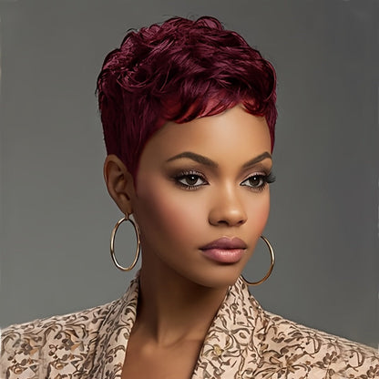 Layered Pixie Wig with Bangs Body Wave Rose Net Cap 4 Inch Synthetic Multi Color Black Burgundy Brown Red for Women Low Maintenance Casual