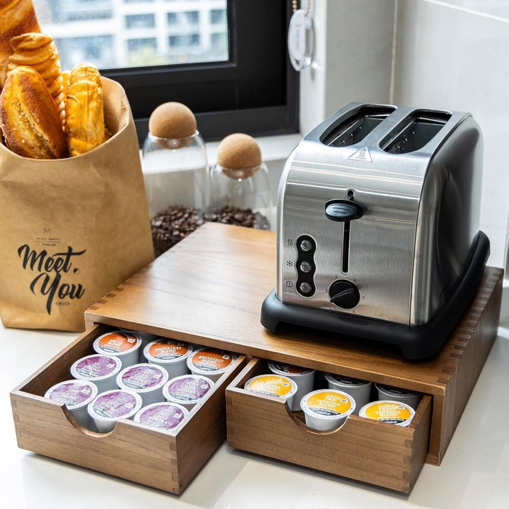 Coffee Machine Stand with K-Cup Storage Rack – Wooden Countertop Coffee & Tea Organizer with Drawer, Holds 30 Boxes of K-Cups or Tea Bags