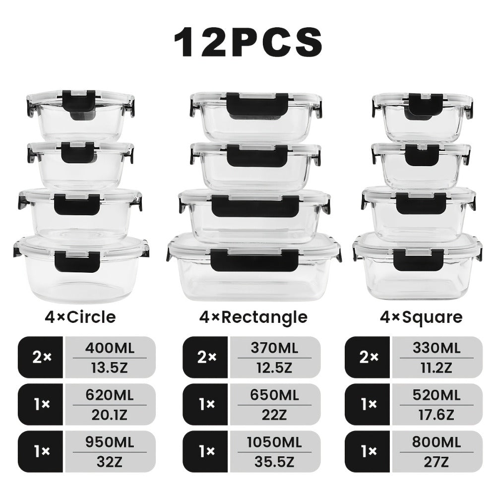 Food Storage Containers 12-Piece Glass Set with Clip-On Lids for Meal Prep and Pantry Organization
