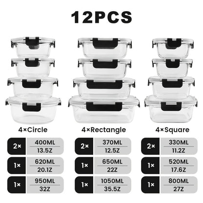Food Storage Containers 12-Piece Glass Set with Clip-On Lids for Meal Prep and Pantry Organization