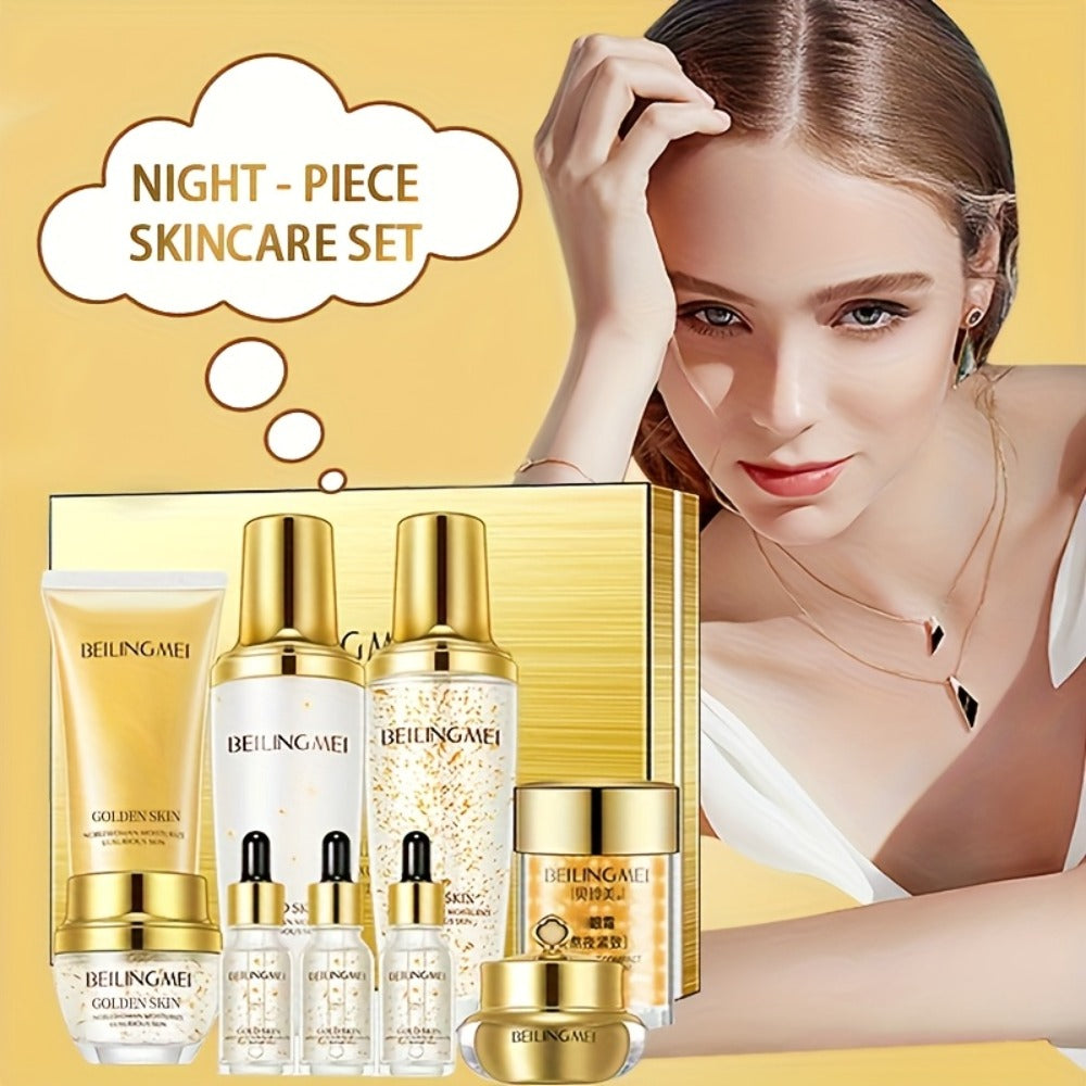 Skincare Set with BEILINGMEI Label, 9 Golden-Skin Collagen Hyaluronic Acid and Niacinamide Items
