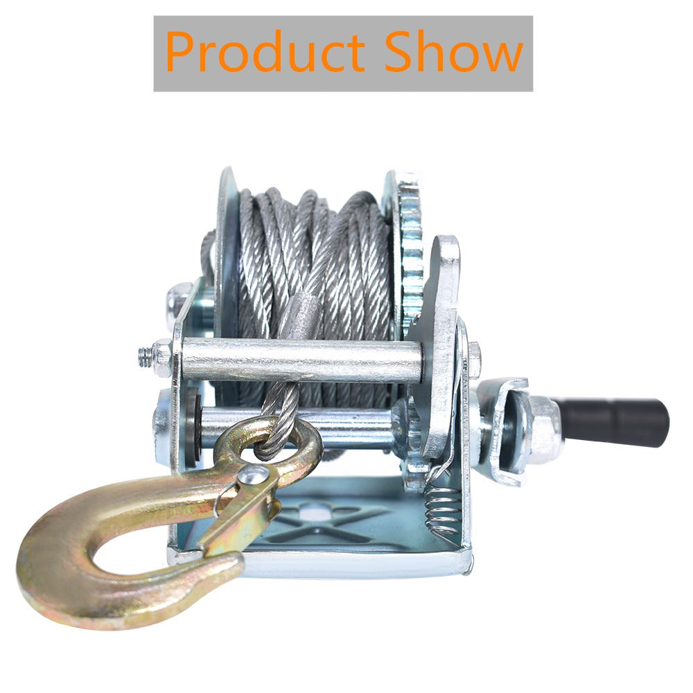 Manual Hand Winch Carbon Steel 800- - Double Brake Safety System, Strap Winch with Mooring Hook & Safety Pawl