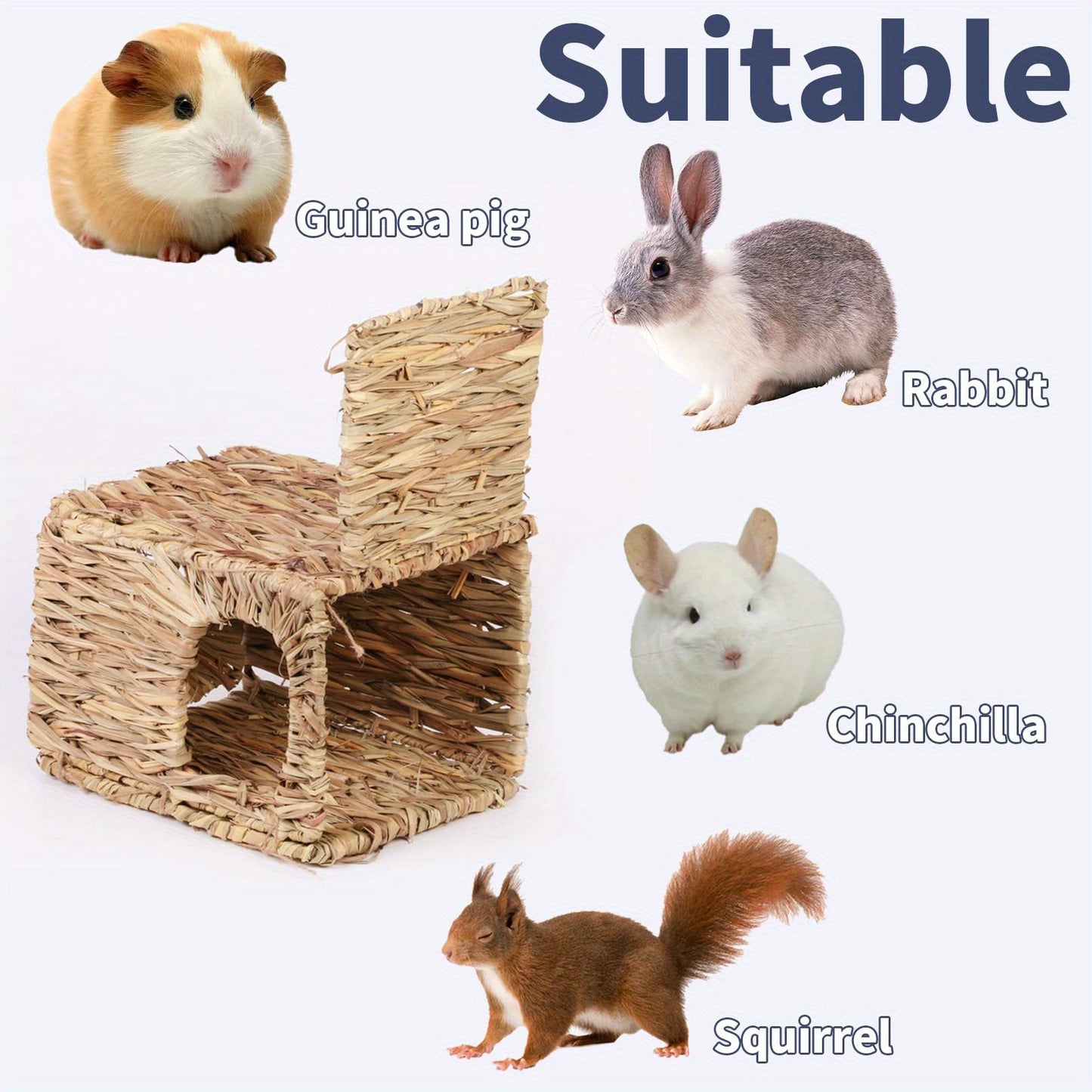 Small Animal Hideout House Folding Woven Straw Hut – Cozy Nest for Rabbit, Hamster, Guinea Pig, Hedgehog & Cat, Plastic Grass Woven