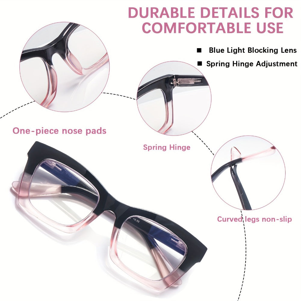 Reading Glasses – Three-Pair Square Reader Set with Spring Hinges, Cloths and Bags with Multiple Strength and Color Options