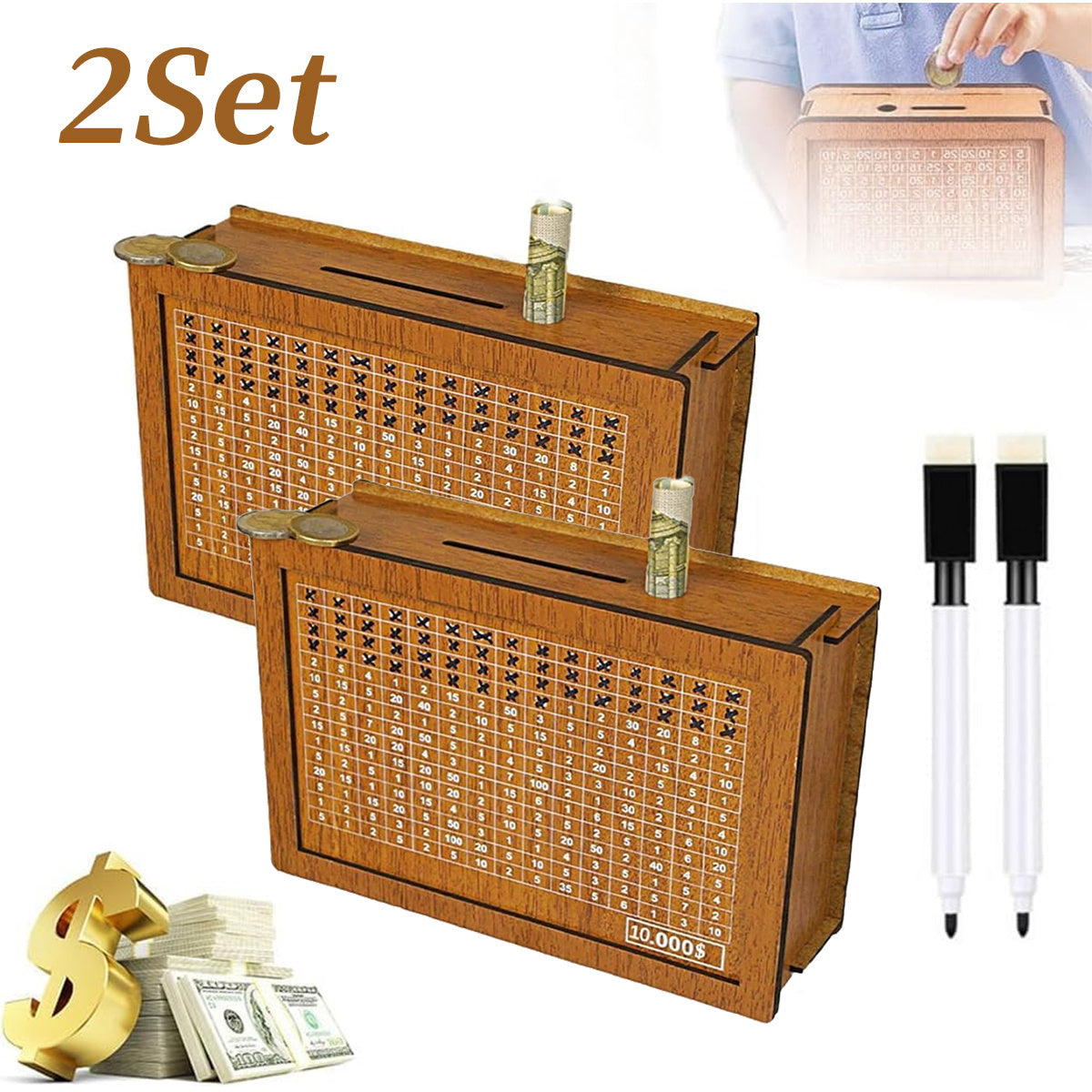 Wooden Savings Bank with Digital Counter 2-Pack, 7.87x5.7" Adult Coin Bank Holds $10, 000, Savings Goal Tracker Box