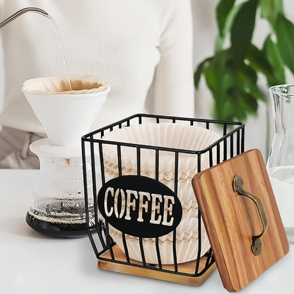 K-Cup Coffee Pod Holder Rack with Lid – Large Capacity Black Metal Square Coffee Capsule Storage Organizer with Wooden Base