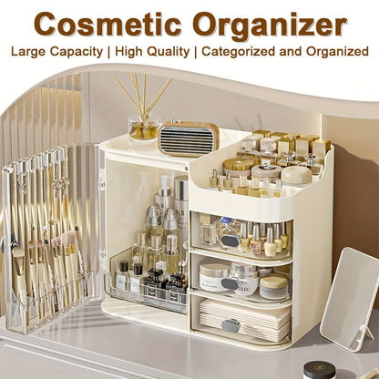 Makeup Organizer with 3 Drawers and Mirror – Large Capacity Cosmetic Storage Box Vanity Organizer for Skincare Contact Lens Display Case