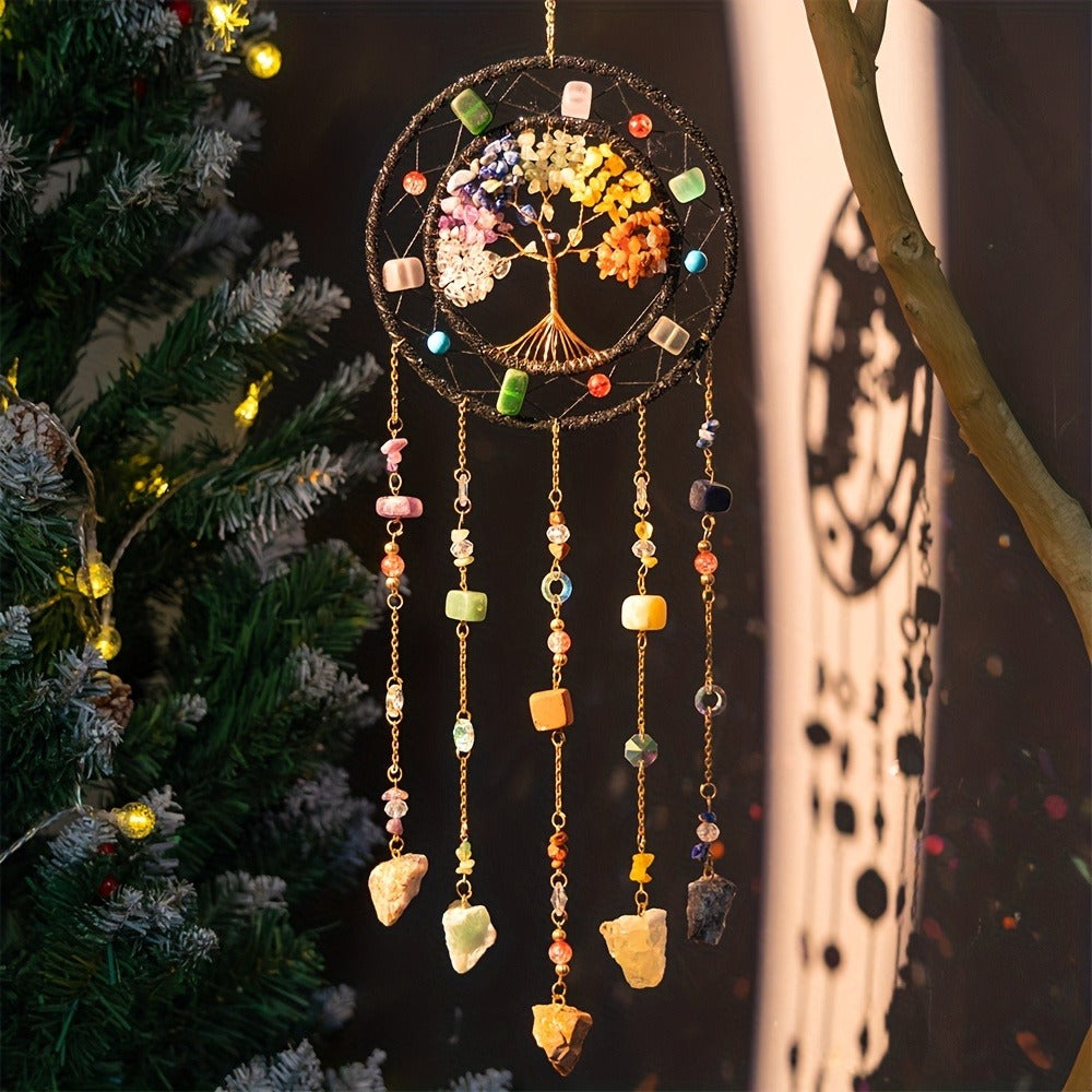 Crystal Wind Chime Suncatcher with Life Tree Pendant - Handmade Bohemian Shattered Stone for Entryways, Bedrooms and Living Spaces